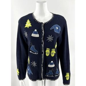 Christopher & Banks Cardigan Christmas Party Winter Sweater Sz M Navy Blue Green